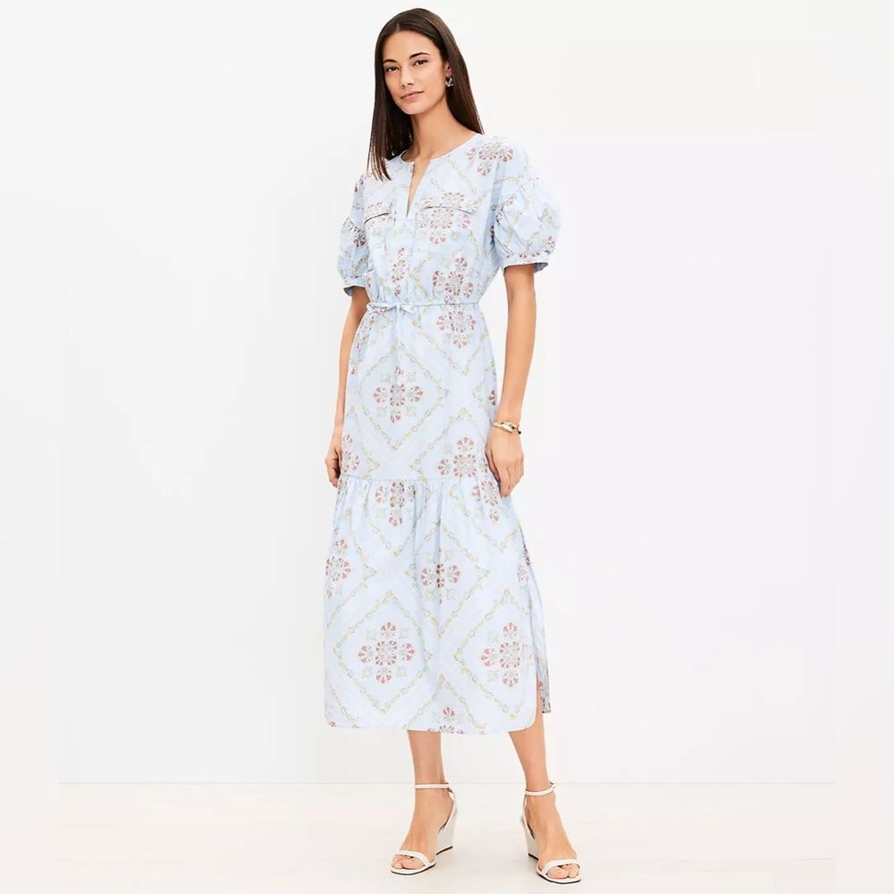 LOFT Tuilerie Balloon Sleeve Pocket Midi Dress Medium Floral Print Tiered Blue